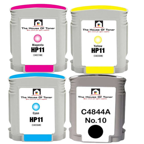 Compatible Ink Cartridge Replacement for HP C4844AN, C4836A, C4837AN, C4838AN (10/11) Cyan, Magenta, Yellow, Black (Black-28ML, Color-2.35K YLD) 4-Pack