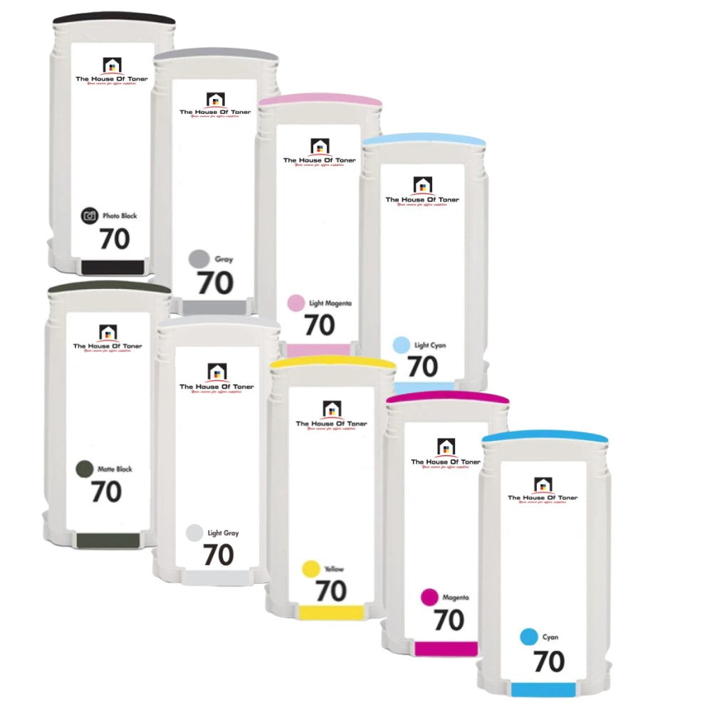 Compatible Ink Cartridge Replacement For HP C9452A, C9453A, C9454A, C9448A, C9449A, C9451A, C9390A, C9455A, C9450A (70) Cyan, Magenta, Yellow, Matte Black, Photo Black, Light Gray, Light Cyan, Light Magenta, Gray (130 ML) 9-Pack Compatible Ink Cartridge Replacement For HP C9452A, C9453A, C9454A, C9448A, C9449A, C9451A, C9390A, C9455A, C9450A (70) Cyan, Magenta, Yellow, Matte Black, Photo Black, Light Gray, Light Cyan, Light Magenta, Gray (130 ML) 9-Pack