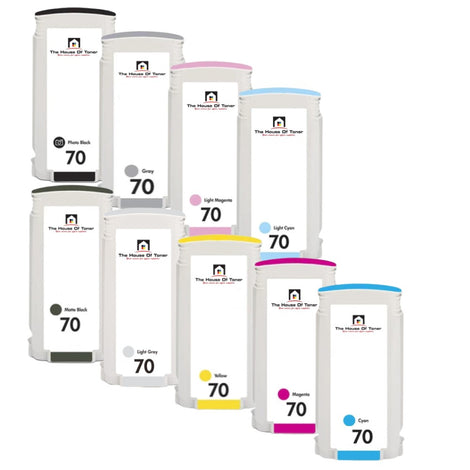 Compatible Ink Cartridge Replacement For HP C9452A, C9453A, C9454A, C9448A, C9449A, C9451A, C9390A, C9455A, C9450A (70) Cyan, Magenta, Yellow, Matte Black, Photo Black, Light Gray, Light Cyan, Light Magenta, Gray (130 ML) 9-Pack