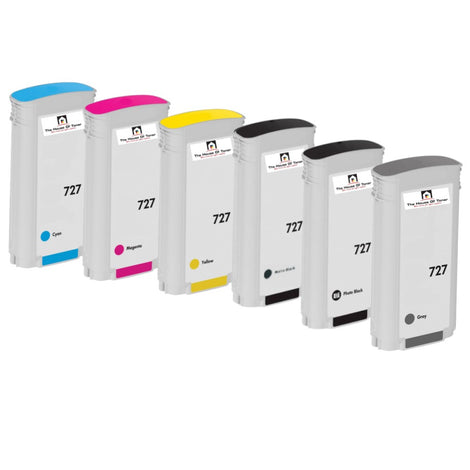 Compatible Ink Cartridge Replacement For HP B3P19A, B3P20A, B3P21A, B3P22A, B3P24A, B3P23A (727) Cyan, Magenta, Yellow, Matte Black, Photo Black, Gray (130 ML) 6-Pack