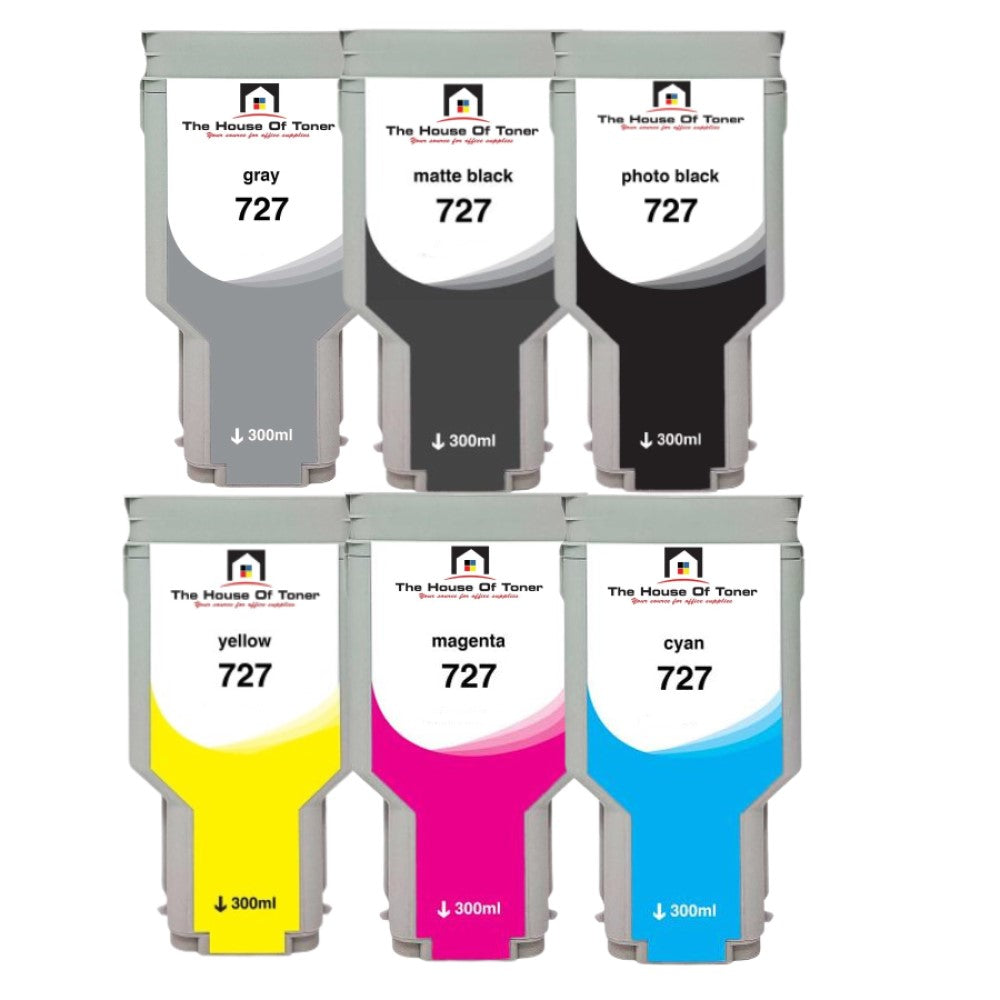 Compatible Ink Cartridge Replacement For HP F9J76A, F9J77A, F9J78A, F9J79A, F9J80A, C1Q12A,  (727) Cyan, Magenta, Yellow, Matte Black, Gray, Photo Black (300 ML) 6-Pack Compatible Ink Cartridge Replacement For HP F9J76A, F9J77A, F9J78A, F9J79A, F9J80A, C1Q12A,  (727) Cyan, Magenta, Yellow, Matte Black, Gray, Photo Black (300 ML) 6-Pack