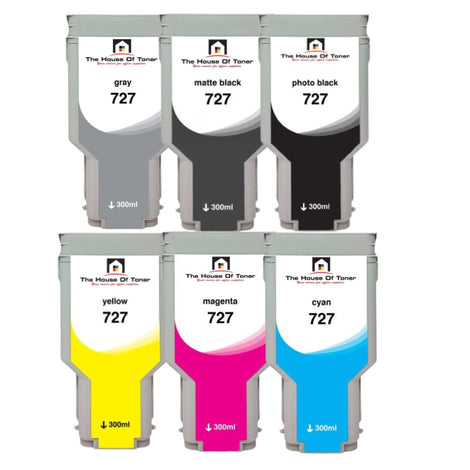 Compatible Ink Cartridge Replacement For HP F9J76A, F9J77A, F9J78A, F9J79A, F9J80A, C1Q12A,  (727) Cyan, Magenta, Yellow, Matte Black, Gray, Photo Black (300 ML) 6-Pack