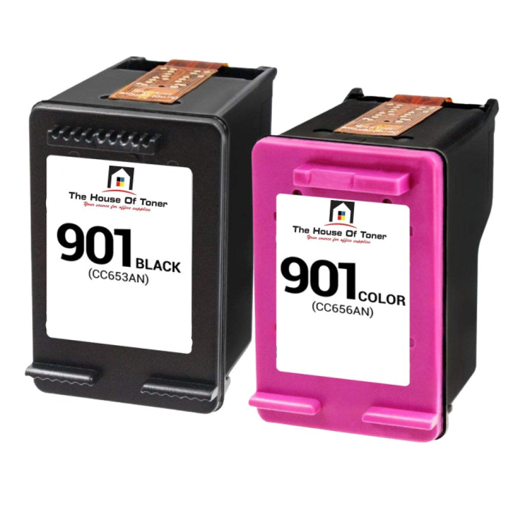Compatible Ink Cartridge Replacement for HP CC653AN, CC656AN (901) Black & Tri-Color (Black-200 YLD, Tri-Color-360 YLD) Dual Pack Compatible Ink Cartridge Replacement for HP CC653AN, CC656AN (901) Black & Tri-Color (Black-200 YLD, Tri-Color-360 YLD) Dual Pack