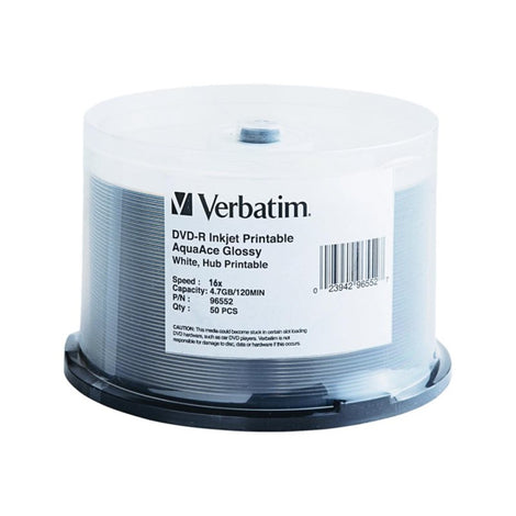 VER96552 VERBATIM DVD-R WHT INKJT 50pk 4.7GB/16X AQUAACE