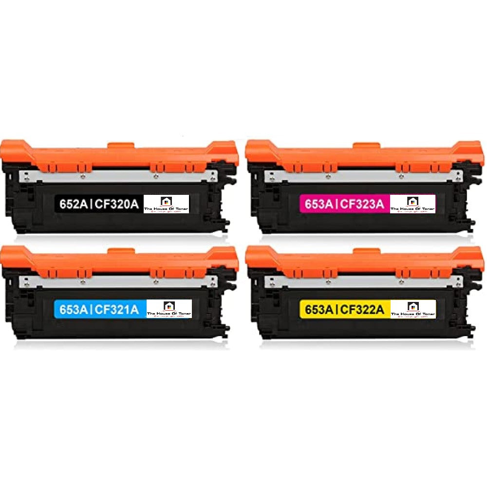 Compatible Toner Cartridge Replacement for HP CF320A, CF321A, CF322A, CF323A (652A Black, 653A Colors) Black, Cyan, Yellow, Magenta (11.5K Black; 16.5K YLD Colors) 4-Pack Compatible Toner Cartridge Replacement for HP CF320A, CF321A, CF322A, CF323A (652A Black, 653A Colors) Black, Cyan, Yellow, Magenta (11.5K Black; 16.5K YLD Colors) 4-Pack