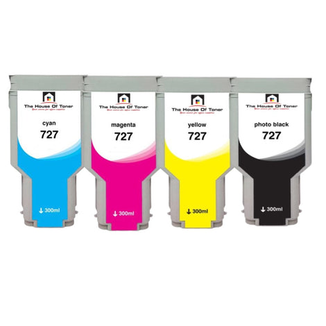 Compatible Ink Cartridge Replacement For HP F9J76A, F9J77A, F9J78A, C1Q12A (727) Cyan, Magenta, Yellow, Matte Black (300 ML) 4-Pack