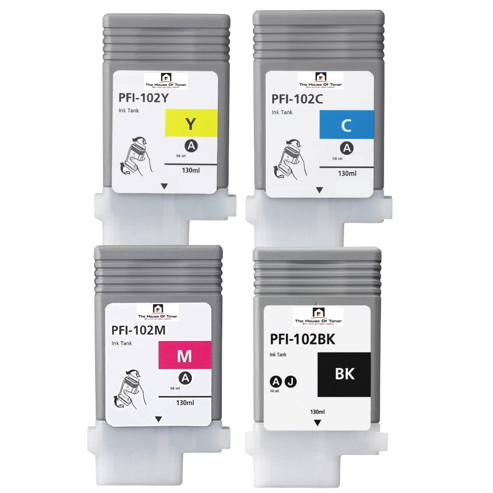 Compatible Ink Cartridge Replacement For CANON 0896B001, 0898B001, 0897B001, 0895B001 (PFI-102C, M, Y, BK) Cyan, Magenta, Yellow, Black (130 ML) 4-Pack