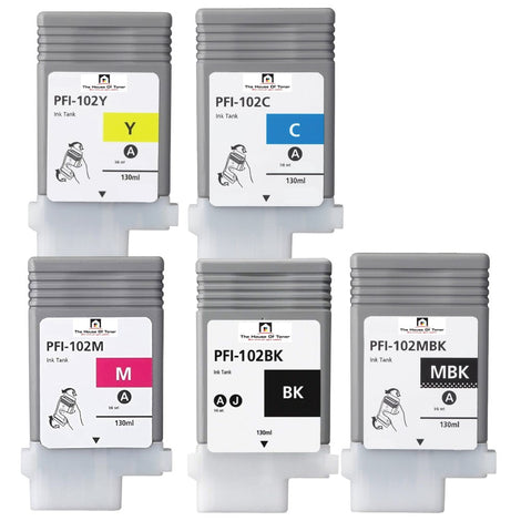 Compatible Ink Cartridge Replacement For CANON 0896B001, 0898B001, 0897B001, 0895B001, 0894B001 (PFI-102C, M, Y, BK, MBK) Cyan, Magenta, Yellow, Black, Matte Black (130 ML) 5-Pack