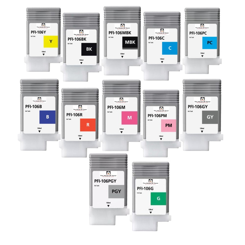 Compatible Ink Cartridge Replacement For CANON 6622B001/6623/6624/6621/6620/6630/6625/6626/6631/6628/6629/6627 (PFI-106) Cyan, Magenta, Yellow, Black, Matte Black, Grey, Photo Cyan, Photo Magenta, Photo Grey, Green, Blue, Red (130 ML) 12-Pack
