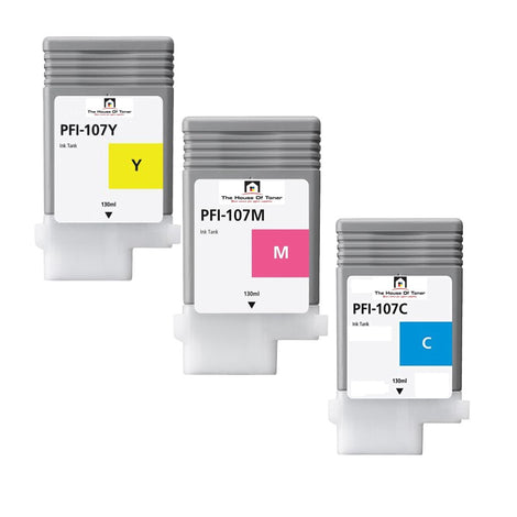 Compatible Ink Cartridge Replacement For CANON 6708B001, 6706B001, 6707B001 (PFI-107Y, C, M) Yellow, Magenta, Cyan (130 ML) 3-Pack