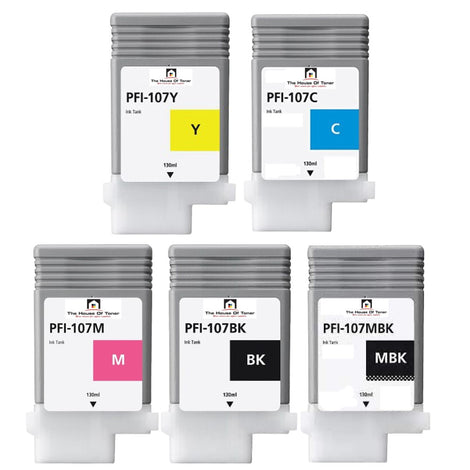 Compatible Ink Cartridge Replacement For CANON 6708B001, 6706B001, 6707B001, 6705B001, 6704B001 (PFI-107Y, C, M, BK, MBK) Yellow, Magenta, Cyan, Black,  Matte Black (130 ML) 5-Pack