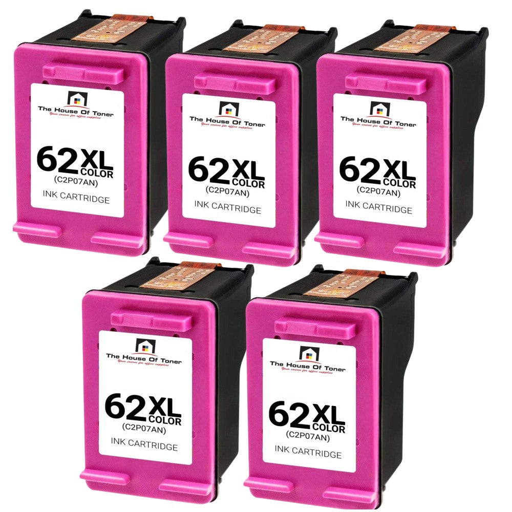 Compatible Ink Cartridge Replacement for HP C2P07AN (62XL, High Yield Tri-Color, 5-Packs)