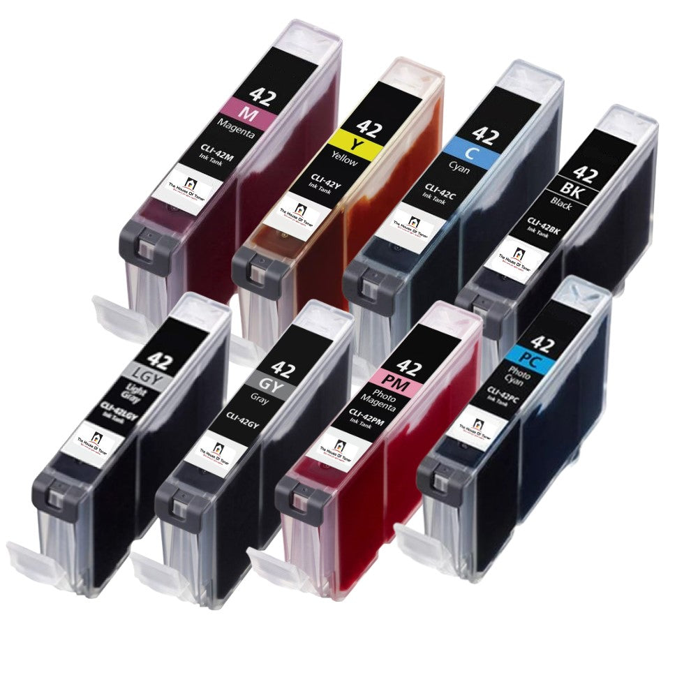 Compatible Ink Cartridge Replacement for CANON 6384B002, 6386B002, 6388B002, 6387B002, 6388B002, 6389B002, 6390B002 (CLI-42M, BK, C,Y,PC, PM, GY, LG) Magenta, Cyan, Yellow, Black, Photo Cyan, Photo Magenta, Gray, Light Gray  (600 YLD) 8-Pack