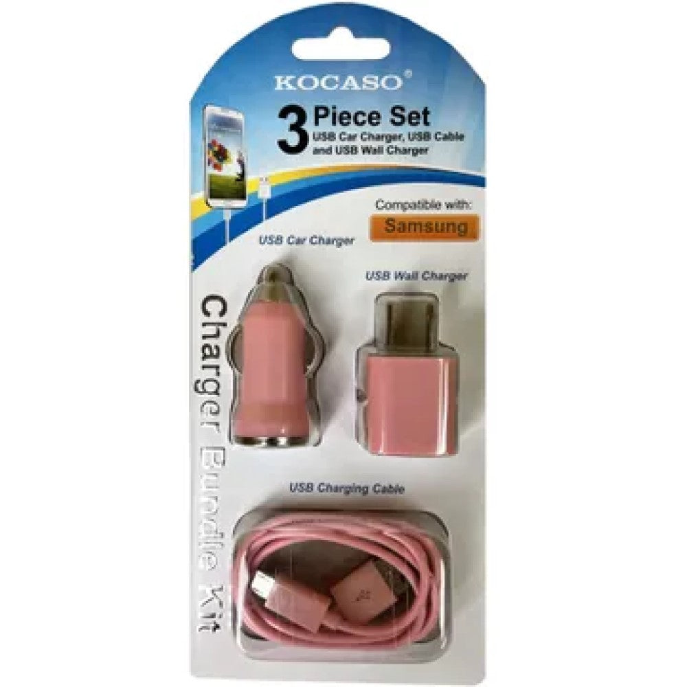 CA789  3 Piece Micro USB Wall & Car Charger Set in Pink