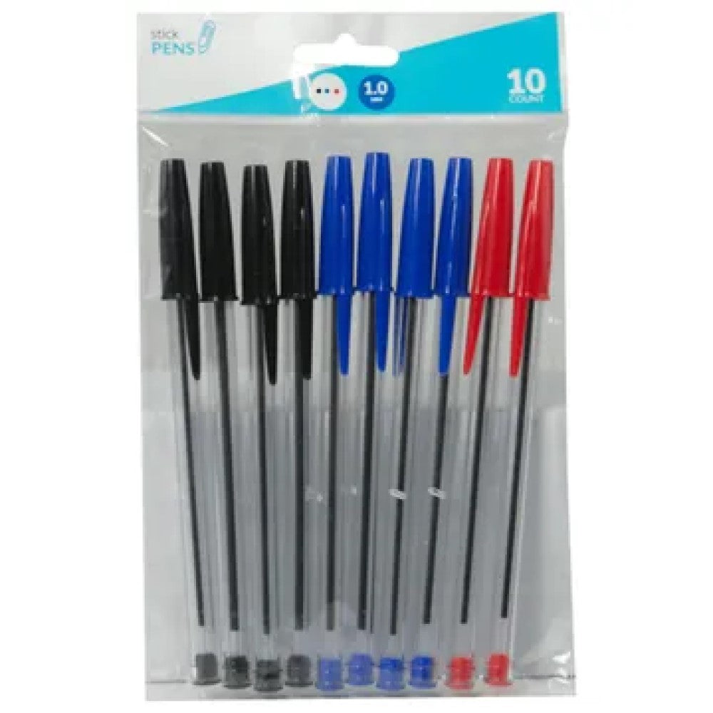 CI195 Ballpoint Stick Pens, Black/Blue/Red (10Pk)